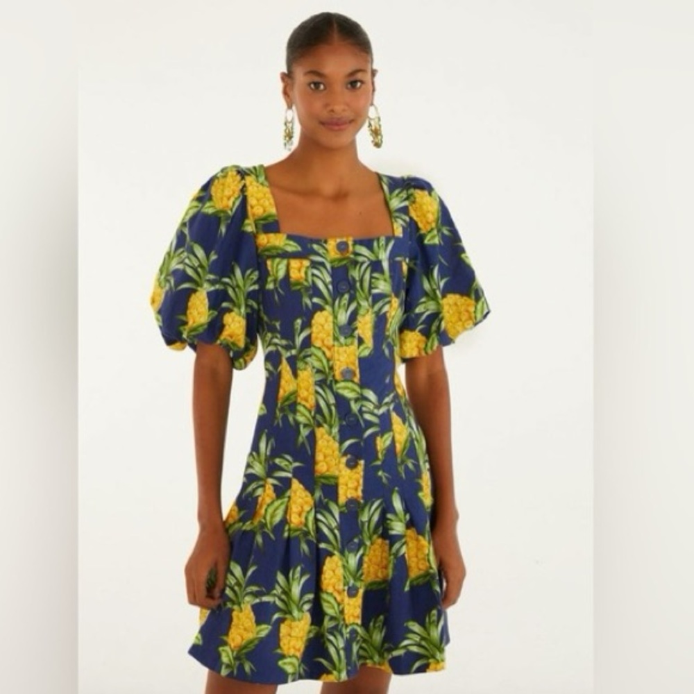 Farm Rio Navy Blue Delicate Pineapple Lenzing™ Ecovero™ Euroflex Mini Dress NWT